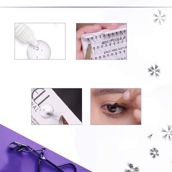 Vier close-ups van wimperlijm applicatie met een druppel transparante lijm, een pincet dat wimpers vasthoudt, en een oog met aangebrachte wimpers.