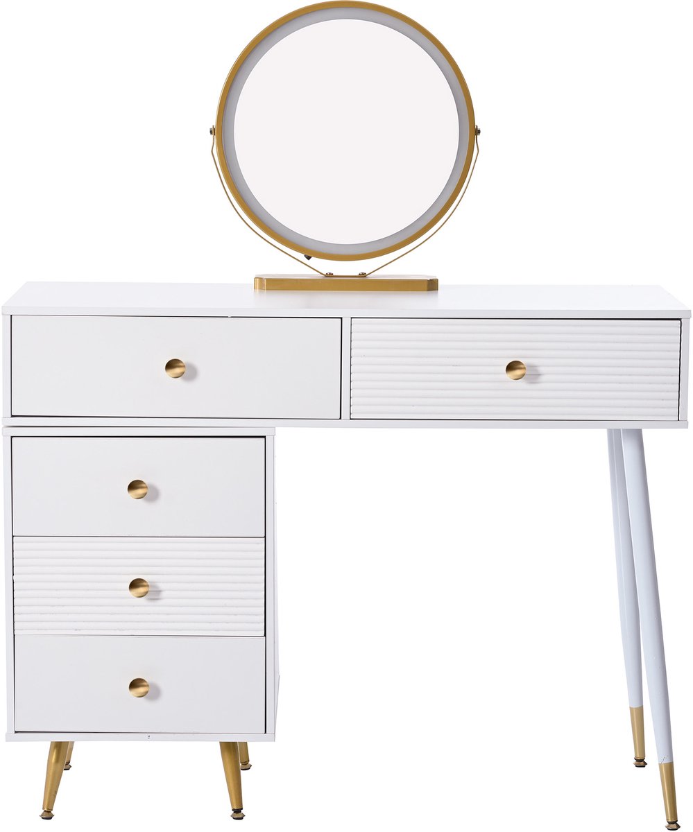 Make-up Tafel / Schminktafel met Spiegel - LED-verlichte Spiegel & Verstelbare Kast - Wit Design & Ruime Opberglades
