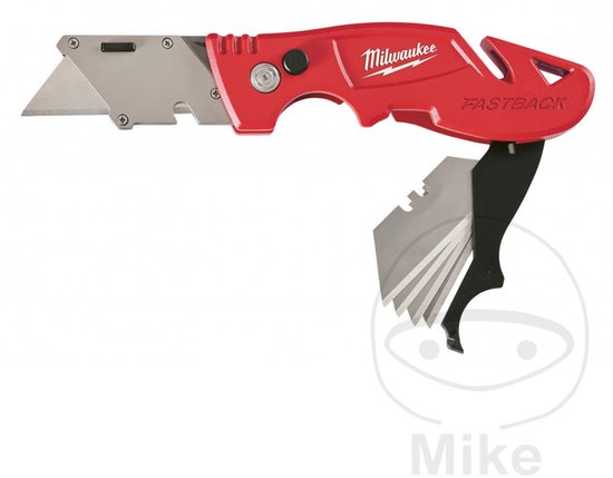 Milwaukee FASTBACK universeel kantelmes in rood metaal met een intrekbaar mes en bladopslag.