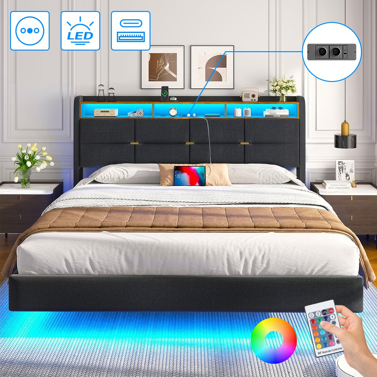 Linnen Tweepersoonsbed 140x190 cm - Heavy Duty Metalen Bedframe - Gestoffeerd Bed - Jongerenbed - Jeugdbed - Zwevend Design - Met LED Verlichting - Stopcontacten - USB Poorten - Type C - Hoofdbord met Opbergruimte - Donkergrijs
