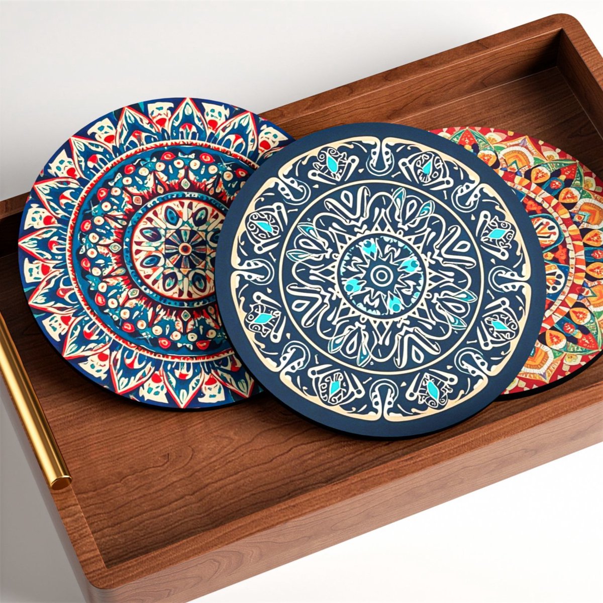 Mandala onderzetters met houder - Set van 5 keramische boho onderzetters voor drankjes, absorberend met kurken onderkant en zwarte houder - Onderzetters voor salontafel, appartement, houten bar, mokken, glazen, kopjes, bier-Afmetingen: 12x12 cm — cadeau in Wonen & Interieur - foto 5