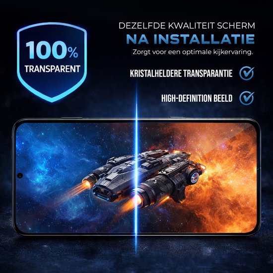 Telefoon met heldere screenprotector die een ruimteschip op een sterrenhemel toont.
