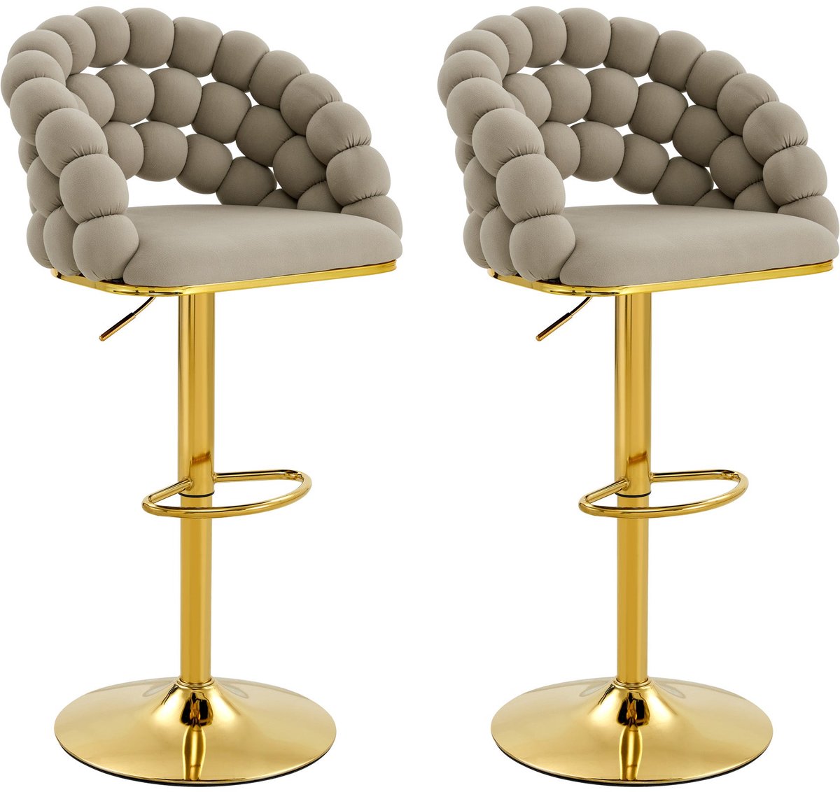 Merax Set van 2 Luxe Barstoelen – Grijze Velvet Barstoelen – Verstelbare Hoogte – Goudkleurig Onderstel – Comfortabele Rugleuning met Bolstructuur – Moderne Barstoelen voor Keukenbar Eiland en Home Bar