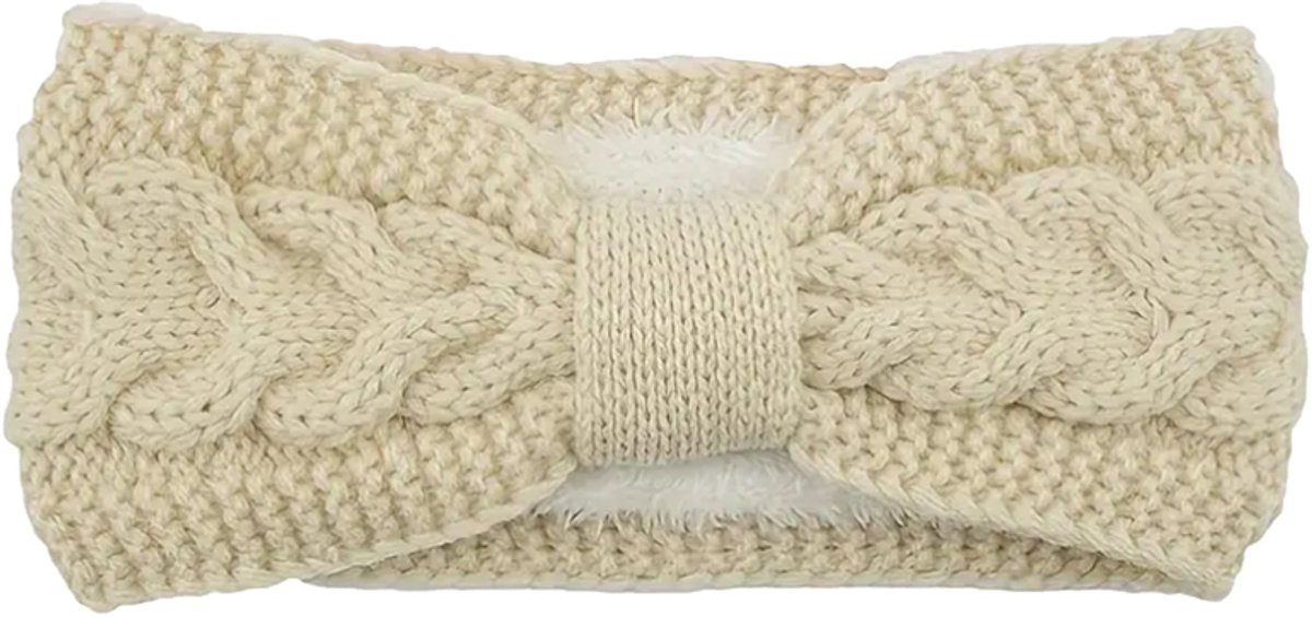 Vanille gebreide haarband dames met fleece binnenkant - beige hoofdband - one size - winterse haarband met strik - STUDIO Ivana