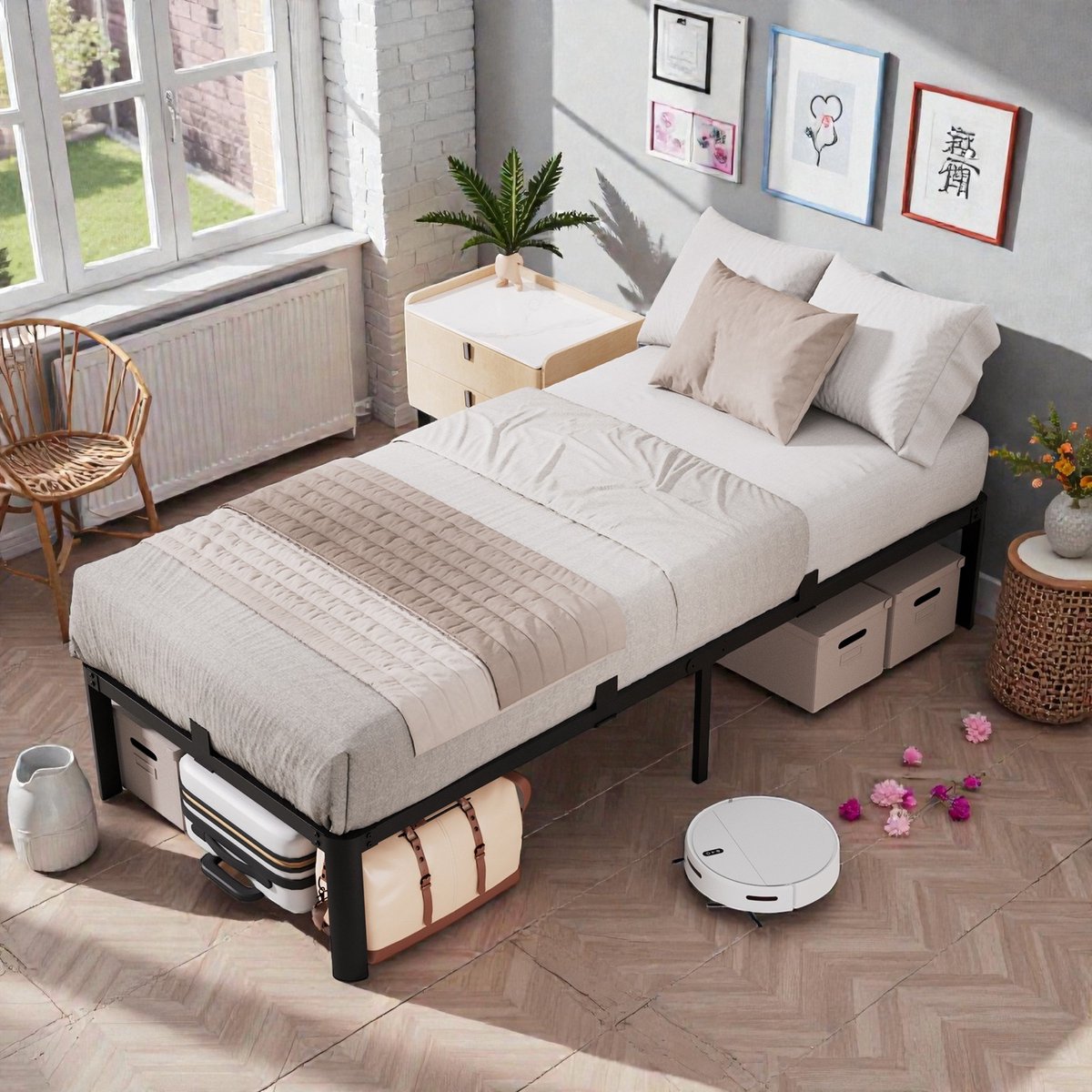 KUTAS Eenpersoonsbed - Metalen Bedframe - 90x200 cm - Minimalistisch Bedframe - Heavy Duty Metalen - Extra Stevig & Krasvrij - Grote Opbergruimte - Lattenbodem - Eenvoudig te Monteren - Zwart