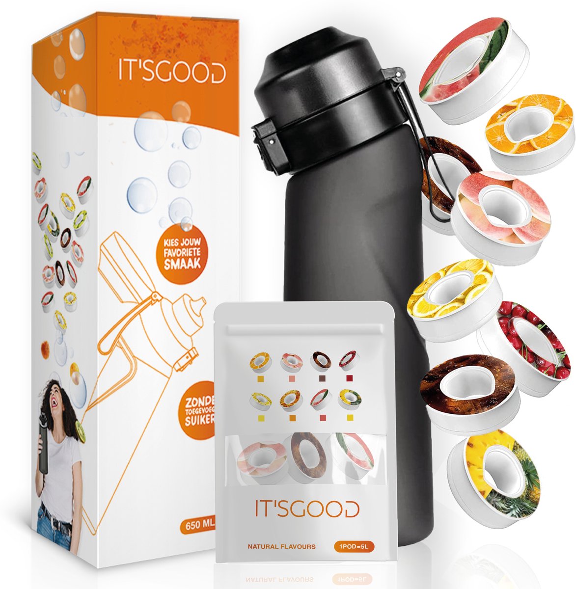 It'sgood - Geurwater Drinkfles - ZWART - Geur Waterfles - Fruit Flavors – Drink Up & Breathe the Air of Taste - Geurwater Drinkfles - Inclusief 8 Pods - 650 ml - Tritan - BPA-vrij - Starterskit - Start Up Set - Starterset - Aromacapsules 0 suiker