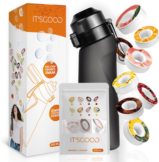 It'sgood - Geurwater Drinkfles - ZWART - Geur Waterfles - Fruit Flavors – Drink Up & Breathe the Air of Taste - Geurwater Drinkfles - Inclusief 8 Pods - 650 ml - Tritan - BPA-vrij - Starterskit - Start Up Set - Starterset - Aromacapsules 0 suiker
