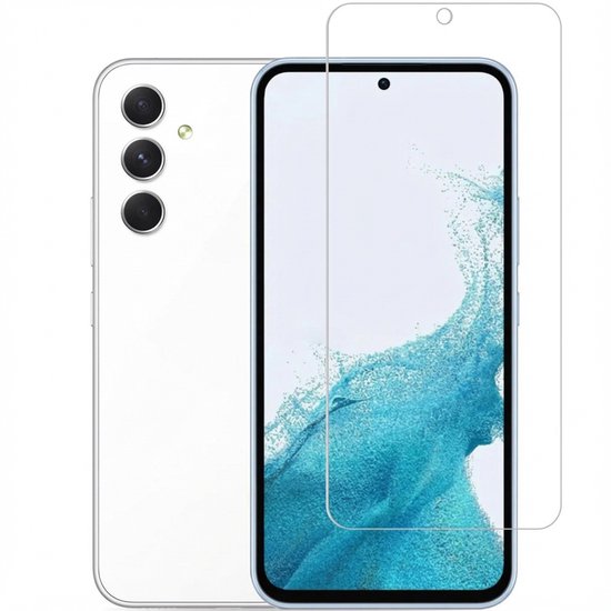 Un smartphone avec un protecteur d'écran sur l'écran, avec un gros plan de l'objectif de la caméra.