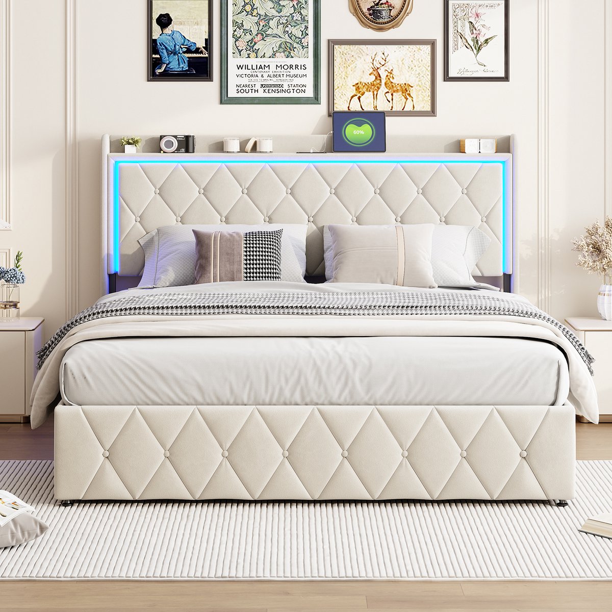 Opbergbed 140x200 cm – Tweepersoonsbed – Beige fluwelen gaslift bed – Hoofdbord met LED-sfeerverlichting & USB-oplaadfunctie – Multifunctioneel slaapkamerbed
