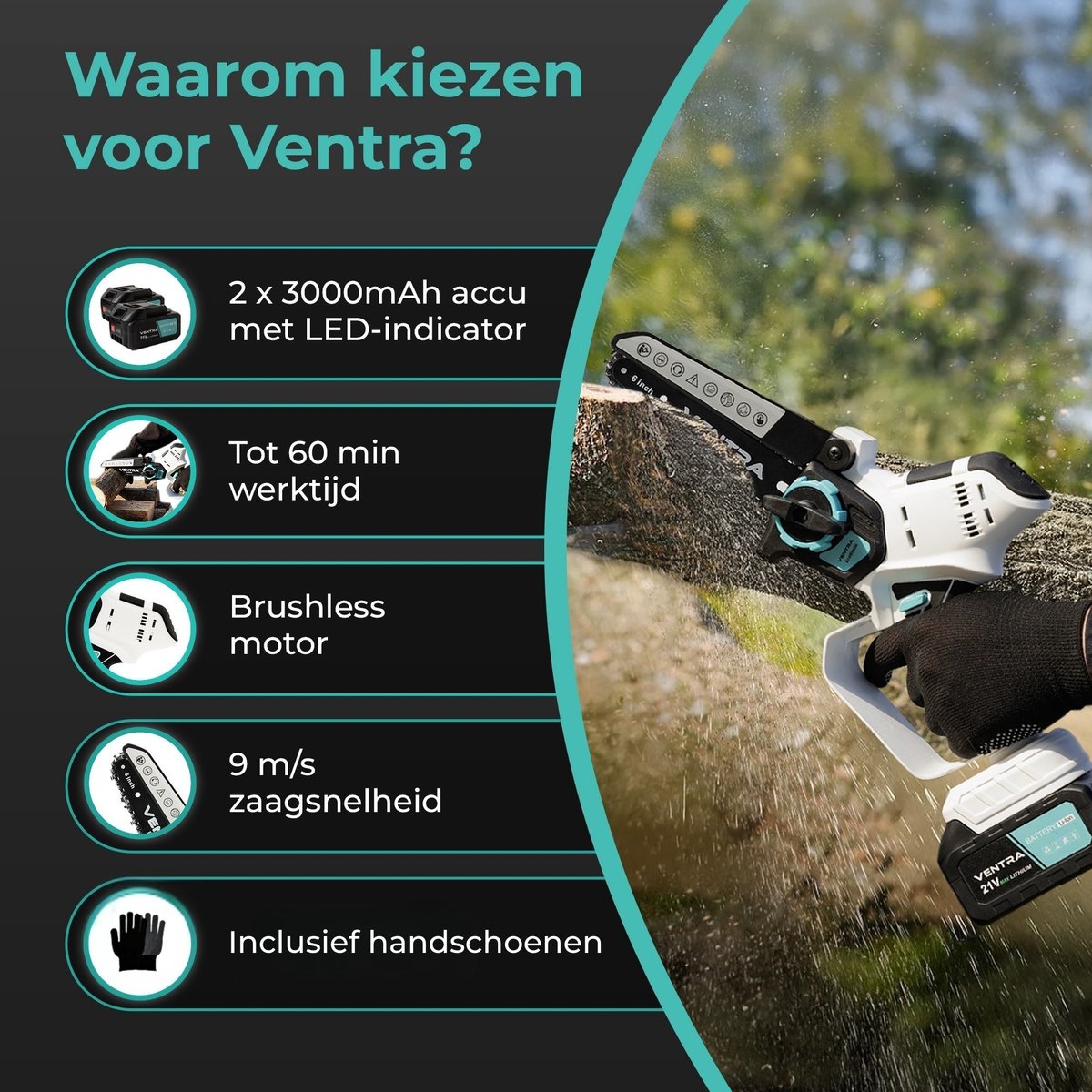 VENTRA Mini Kettingzaag 21V – 2 accu's & 4 kettingen