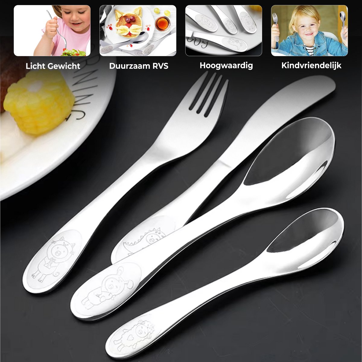 HI NATURE Kinderbestek 4-delig – RVS - Afbeelding 2