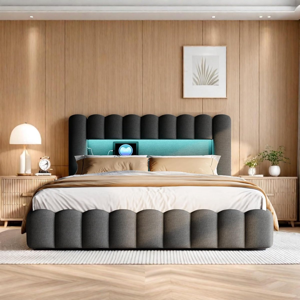 ROSAHQNDA Gestoffeerd bed 180x200, Bubbelbed met hydraulische opbergruimte, USB-oplaadfunctie en LED-verlichting, tweepersoonsbed, de onderkant van het bedframe is afgedicht, kinderbed, grijs linnen, zonder matras