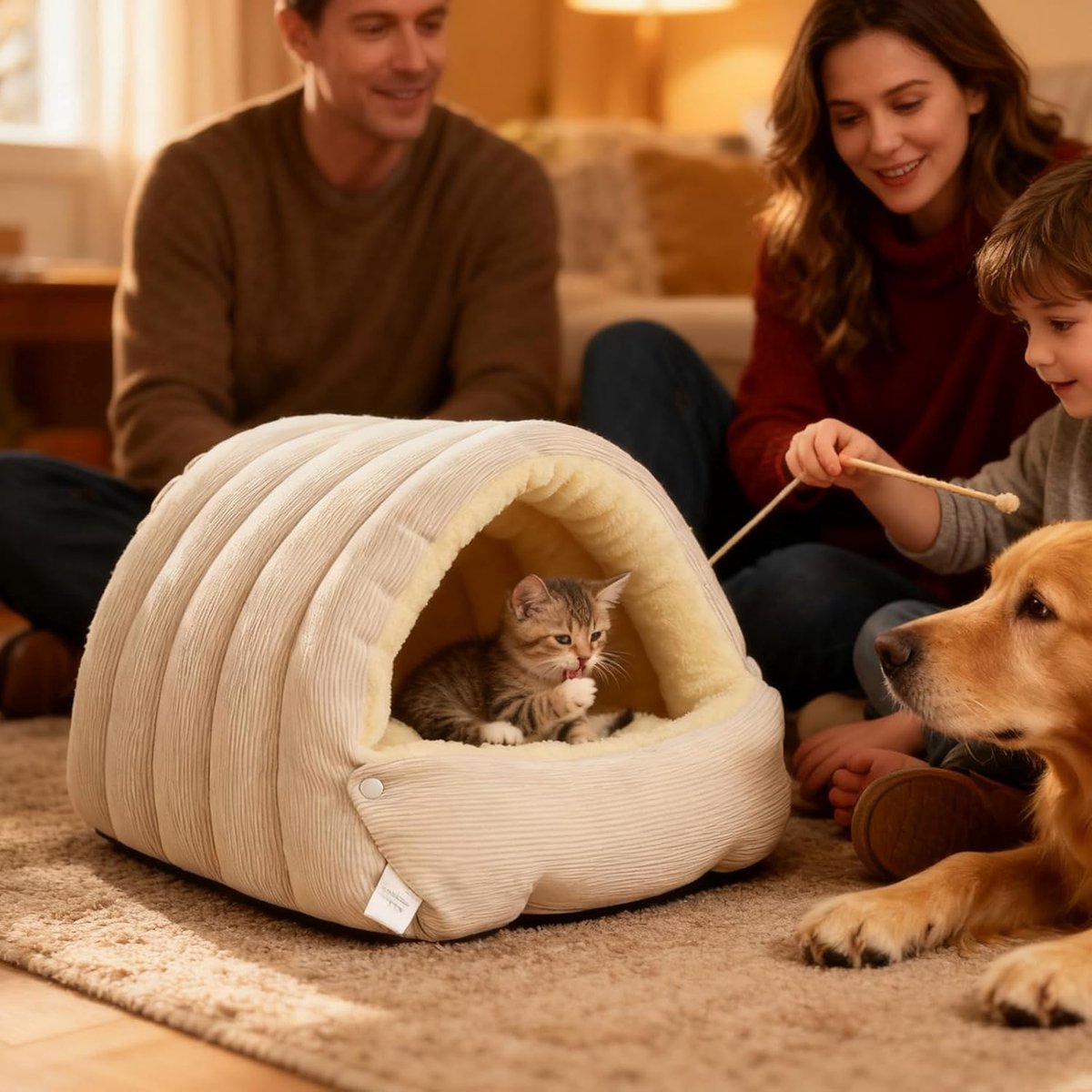 Kattenmand - Kattenhuis - Kattenbed - Puppybedgrot - Nestvormige bench - Gesloten mand - Binnen - Buiten - Slaapkamer - Woonkamer - Winter - Huis - Voor katten - Honden - Puppy's - 45X30X19CM - Lichtbeige – foto 5