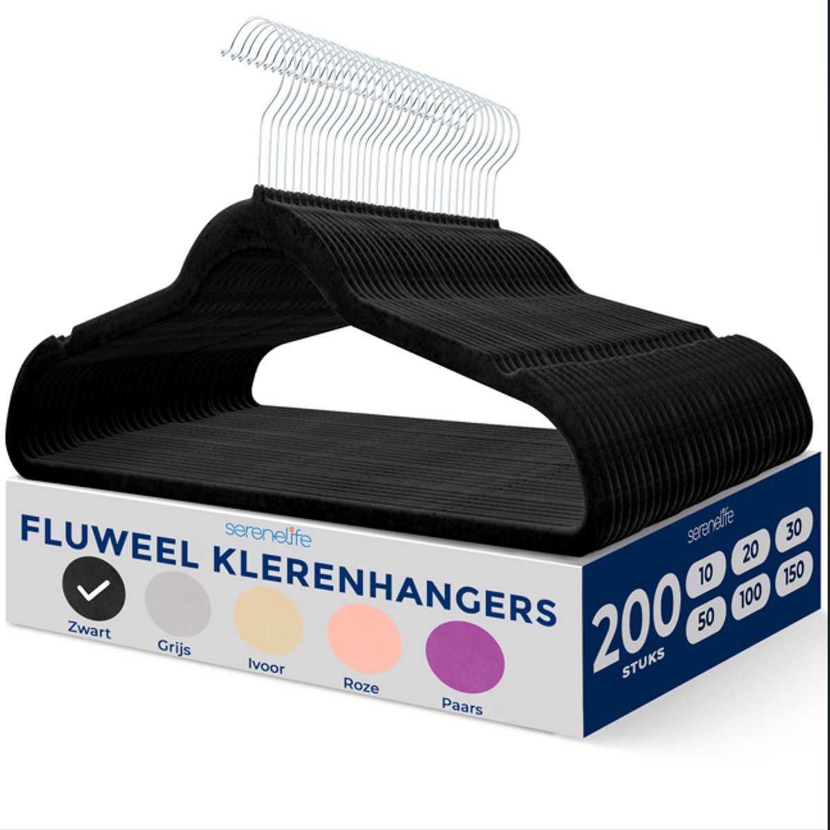SereneLife Kleerhangers, Fluwelen Hangers, Antislip Zware Duurzame Kledinghangers Set-200Stuks-Duurzaam met 360° Draaihaak