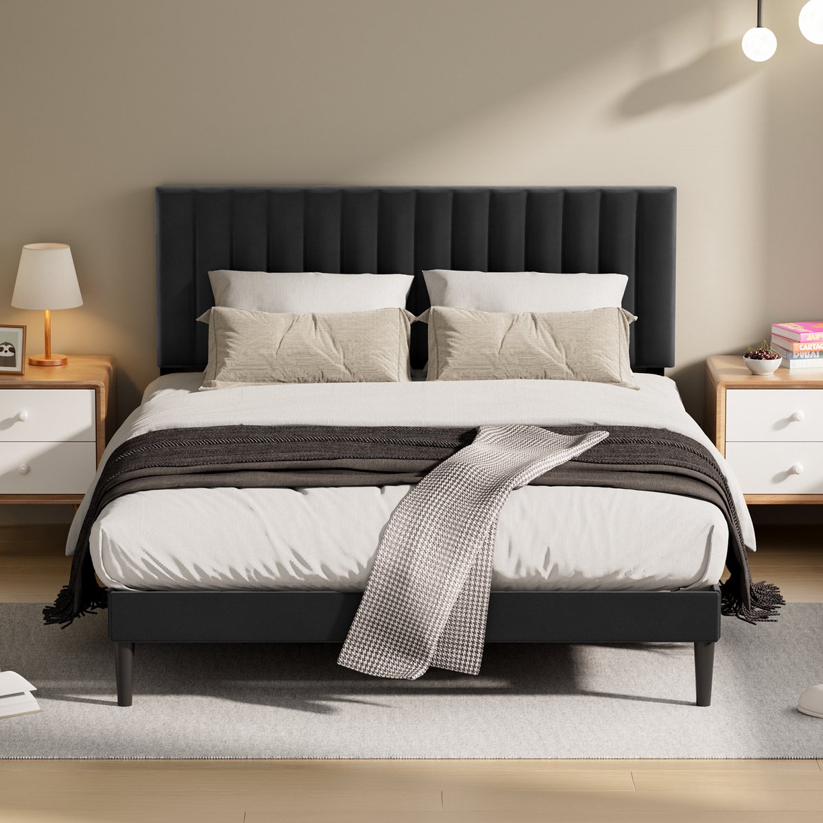 Auralum® Gestoffeerd bed 140x190 cm - Metalen Bedframe Zwart - Tweepersoonsbedden met Lattenbodem - Verstelbaar Hoofdeinde - Opbergruimte Onder Het Bed - Draagkracht 480 kg