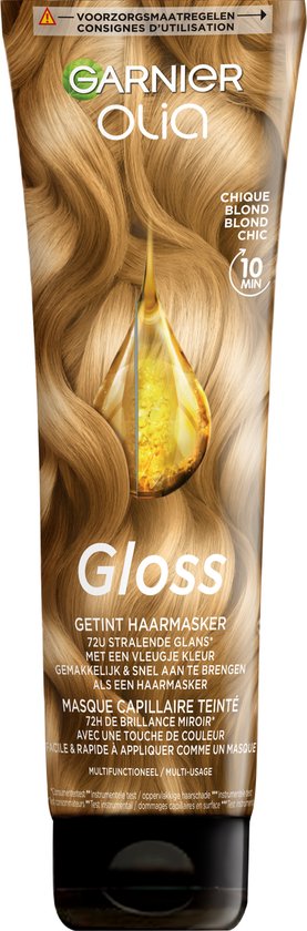 Tube Garnier Olia Gloss haarmasker in de kleur Chique Blond. Met een druppel olie en golvend blond haar.