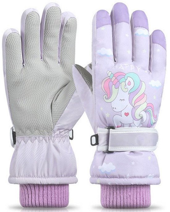 Paar paarse kinderhandschoenen met eenhoornprint, anti-slip palm en paarse gebreide manchetten.