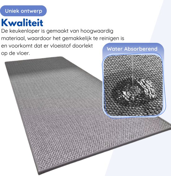 Grijze keukenloper met textuur en waterdruppels, "Water Absorberend". Uniek ontwerp.