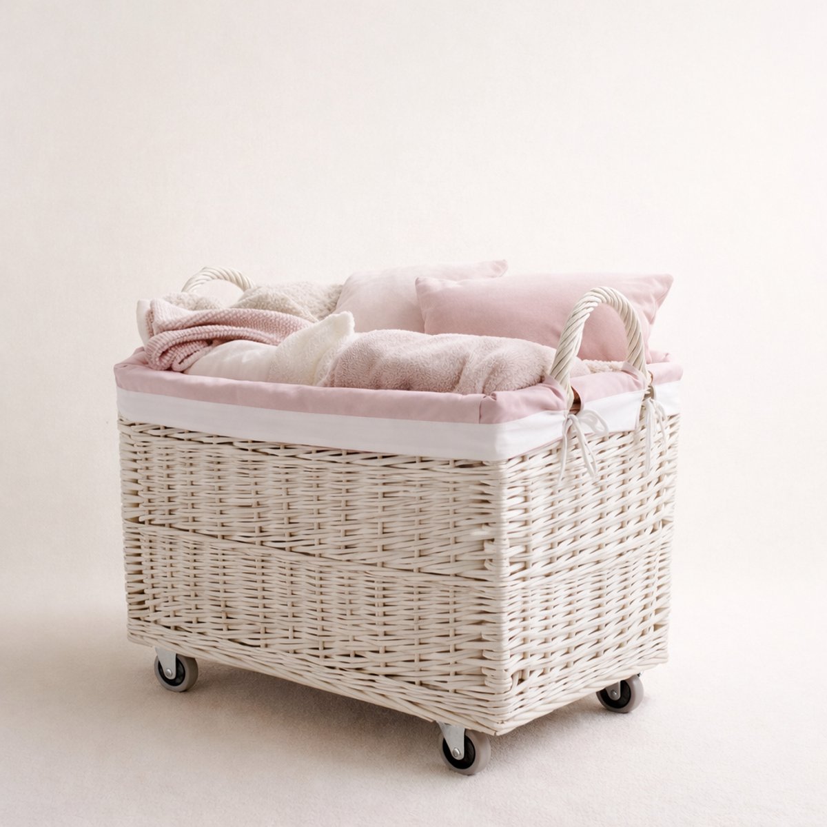 The Wicker Stories – Grote rieten mand op wielen met handgrepen – Handgemaakt van gebleekt riet met versterkte bodem en roze stoffen voering – Ideaal voor was, speelgoed en huishoudelijke accessoires.
