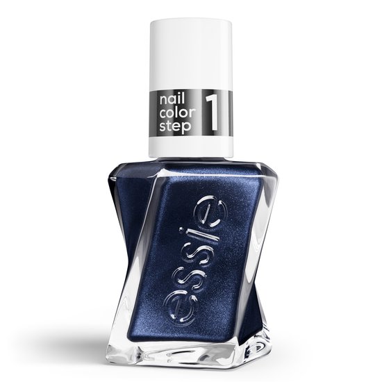 Fles Essie nagellak, stap 1, nagellakkleur donkerblauw met glitters.