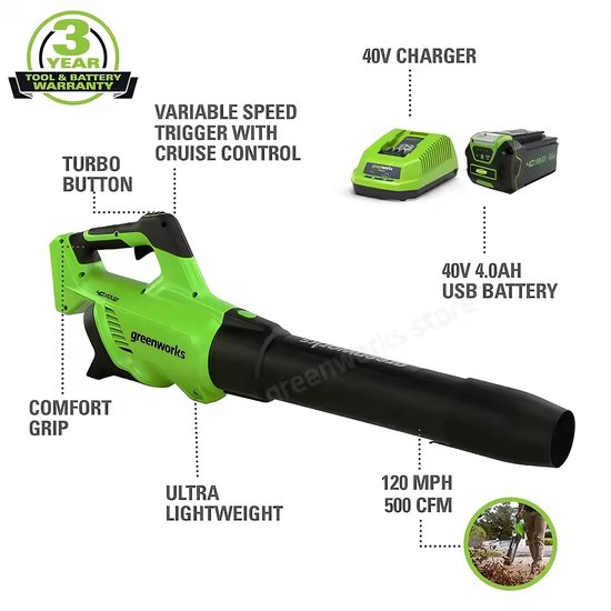 Greenworks Bladblazer 24V - Elektrische bladblazer - 450 CFM+luchtsnelheid 110 km/u - Incl. 4.0Ah accu - Blazen, Zuigen & Versnipperen van Merkloos	 — afbeelding 5