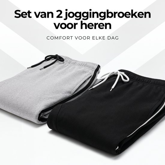 Set van twee joggingbroeken, één grijs en één zwart, beide met witte bies en trekkoord.