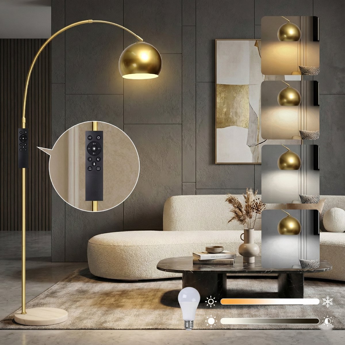 MUPOO Luxe Sfeer Booglamp Goud Metal met 6kg Zware Marmeren Voet - Modern Vloerlamp Dimbaar met Afstandsbediening - Staande Lamp met Kantelbare & Draaibare Kap-Geheugenfunctie - werkmodus - nachtlichtmodus-Voor Woonkamer/Eetkamer/Kantoor