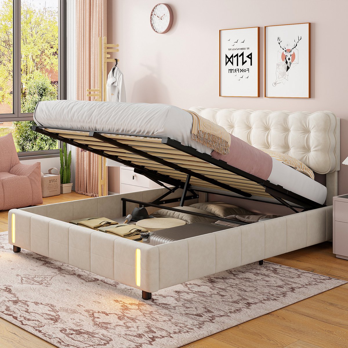 SHOPENTRA Opbergbed 140x200 cm Beige Fluwelen met LED - afbeelding 3
