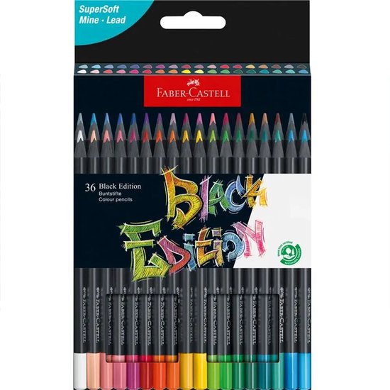 Verpakking met 36 Faber-Castell Black Edition kleurpotloden, met zwart omhulsel en gekleurde punten.