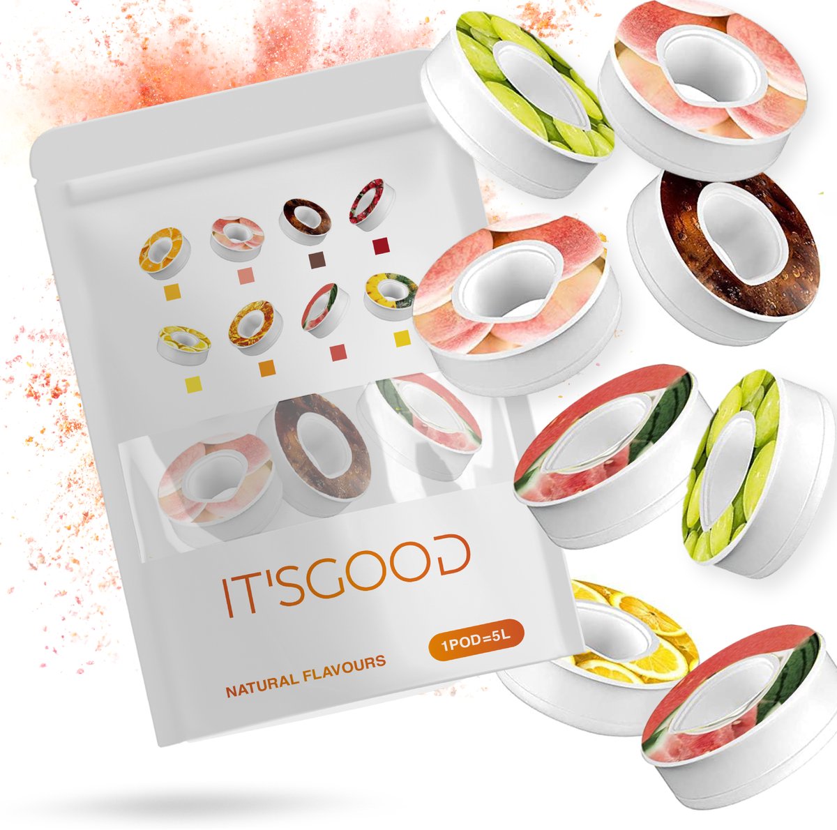 It'sgood - 8 Geurwater Pods - Geurwater Drinkfles - 8 Aroma Pods – Fruit Flavors – Drink Up & Breathe the Air of Taste - Zonder Suiker - 8 Verschillende Smaken - Kers - Appel - Citroen - Sinaasappel - Watermeloen - Ananas - Perzik - Cola