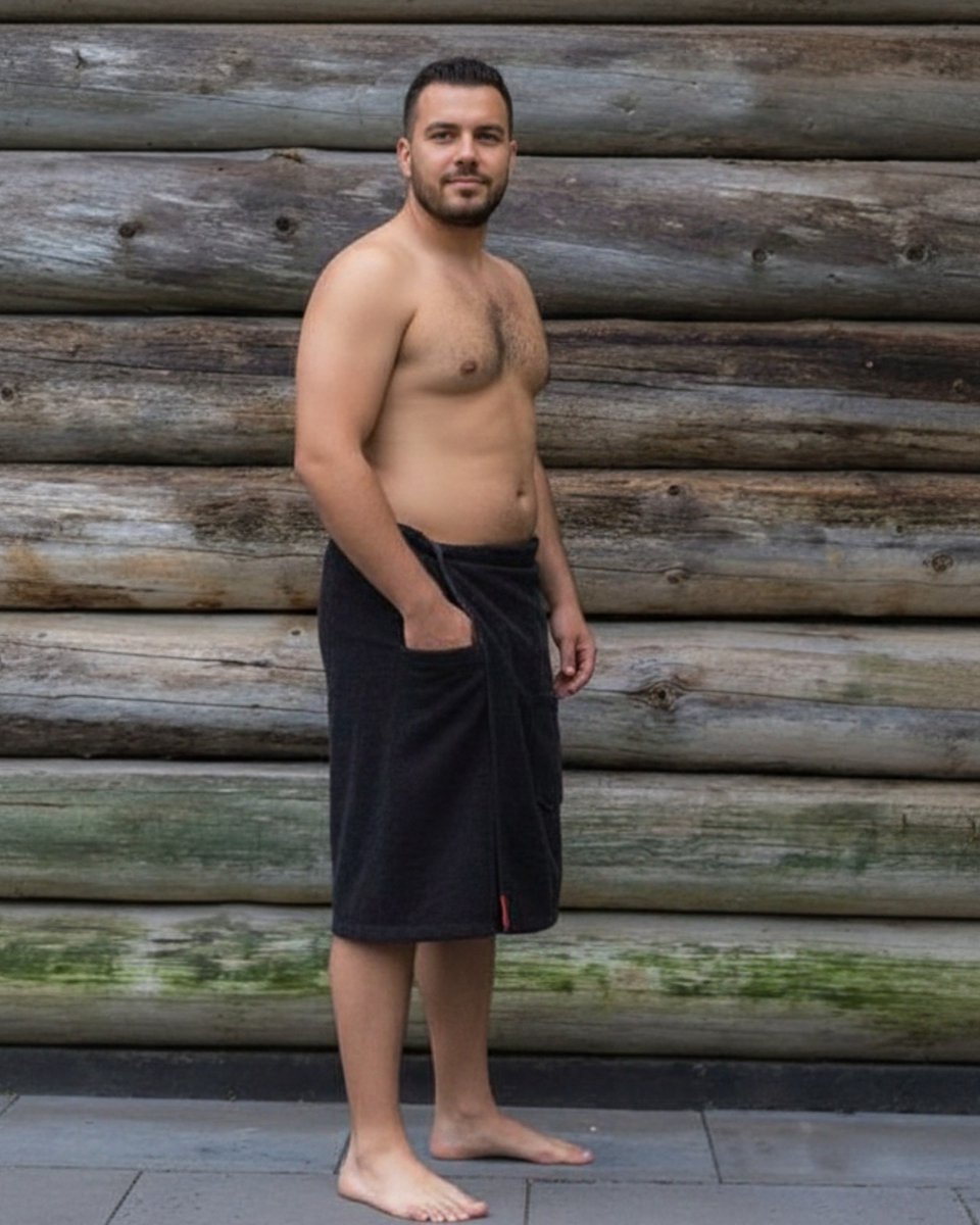 Sauna Handdoek Heren - Zwart XXL - Omslag Handdoek met Klittenband - 170x65 cm. - Saunakilt - 100% katoen - badstof saunawrap