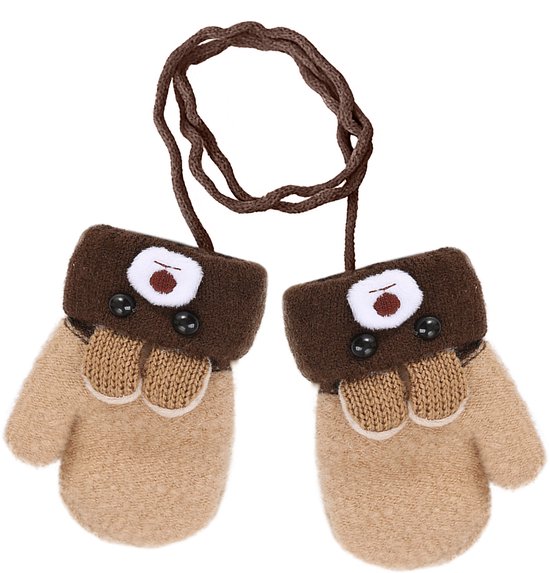 Moufles d'hiver pour bébé - avec cordon - Moufles d'hiver pour tout-petits de 0-3 ans, pour garçons et filles - Adorables moufles d'ours avec petites oreilles - Gants d'hiver tricotés avec double couche, épais et chauds - 12 x 7 cm