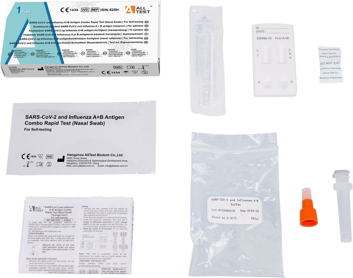 SARS-CoV-2 & Influenza A+B Sneltest – Zelftest voor COVID-19 & Griep – Binnen 10 minuten resultaat – Eenvoudig thuis uit te voeren – 10 stuks
