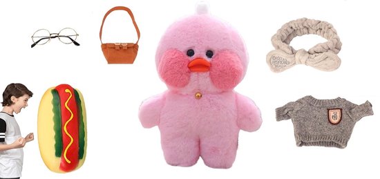 Lalafan Knuffel Cafe Mimi Met Outfit, Bril, Tas, Bandana & Ketting + Anti-Stress Hotdog Squishy – Super Zachte Pluche Pop met Fidget Toy, Ideaal voor Kinderen en Fans