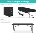 Illustratie van de eenvoudige montage van de tafel in drie stappen: tafel openen, poten vergrendelen en tafel rechtop zetten.