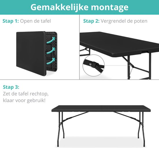Illustratie van de eenvoudige montage van de tafel in drie stappen: tafel openen, poten vergrendelen en tafel rechtop zetten.