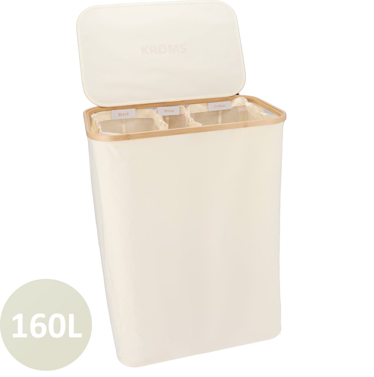 KROMS Wasmand 3 vakken - Beige - 160L - Extra groot model - Inclusief NL & ENG Labels – Wassorteerder bamboe - Laundry basket - Wasmand met deksel - Opvouwbaar