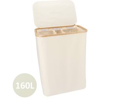 KROMS Wasmand 3 vakken - Beige - 160L - Extra groot model - Inclusief NL & ENG Labels – Wassorteerder bamboe - Laundry basket - Wasmand met deksel - Opvouwbaar