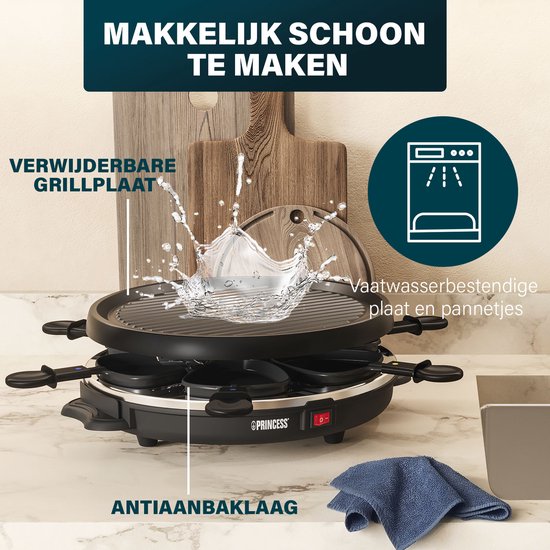 Princess raclette grill met verwijderbare grillplaat, vaatwasserbestendig. Anti-aanbaklaag.