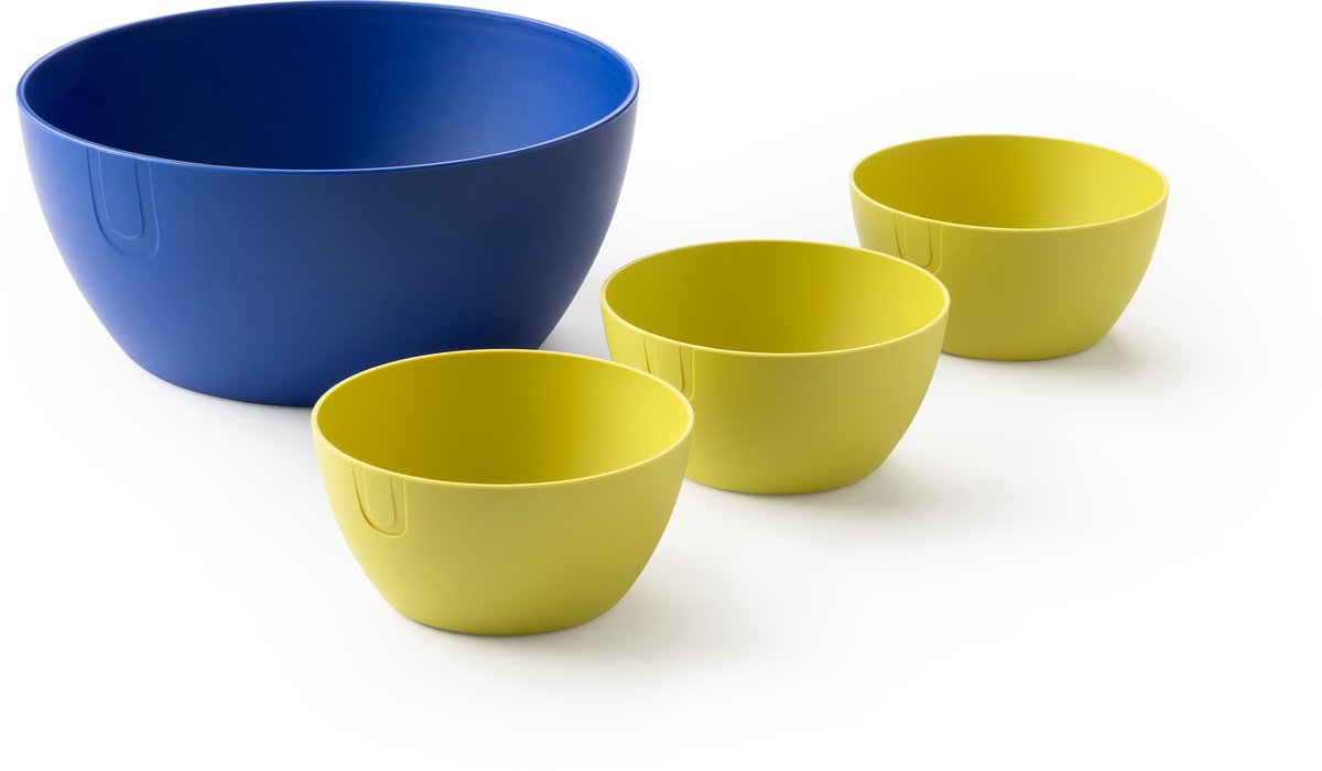 UBITE set – bio-based saladeschaal silicate blauw (XL - Ø 27) + set van 3 bio-based bowls cyber geel (S - Ø 13) - saladeschaal/saladekom/kom/schaal/bakje/duurzaam