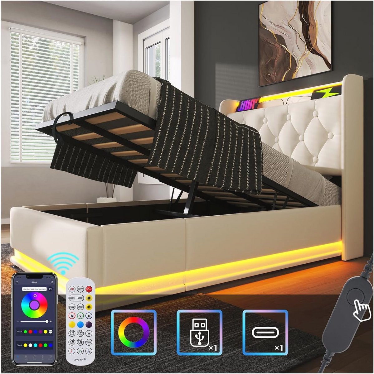 Bed 90 x 200 cm met USB oplaadfunctie en LED verlichting