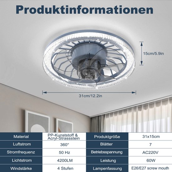 60W LED plafondventilator met verlichting Plafondlamp met ventilator Ø 31cm Plafondventilatoren met verlichting met 4 snelheden E26/E27 Plafondlamp woonkamer dimbaar met afstandsbediening grijs