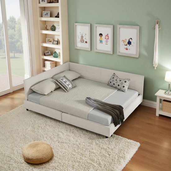 Tweepersoonsbed 140*200 cm met bekleding - zacht, huidvriendelijk fluweel - L-vormig hoekbedframe - robuuste eucalyptus- en ijzeren latten - eenvoudig te monteren - beige (zonder matras)