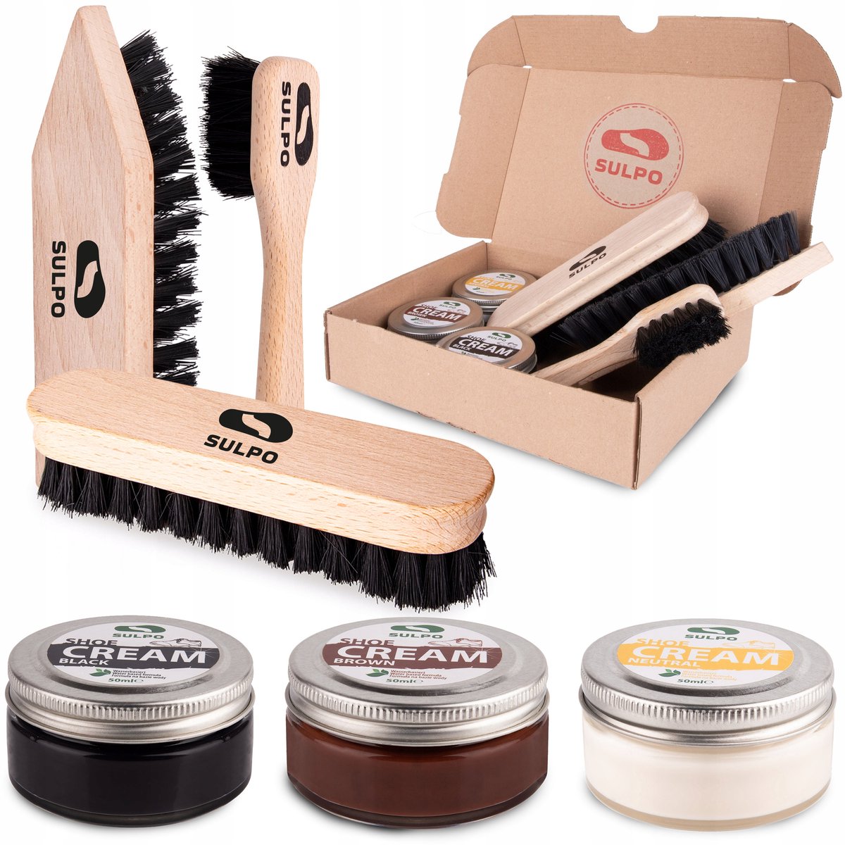 Luxe Schoenonderhoud Set: 3 Borstels & 3 Schoenpoets Crèmes