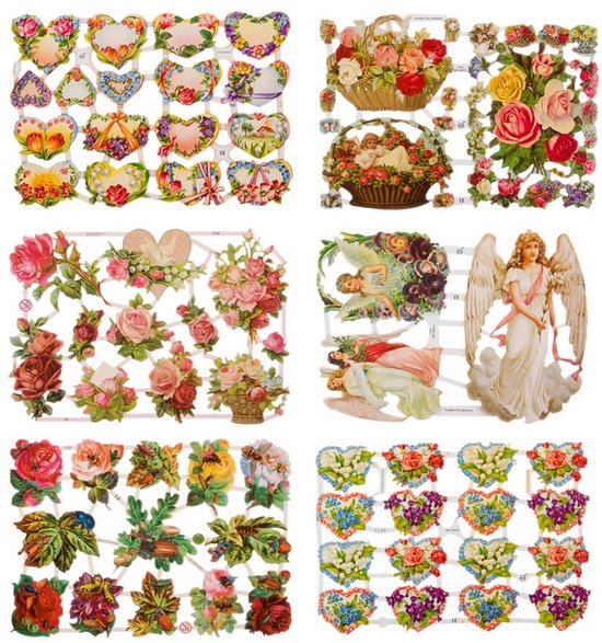 Vellen met diverse poëzieplaatjes van bloemen, hartjes en engelen in pastelkleuren en roze tinten.