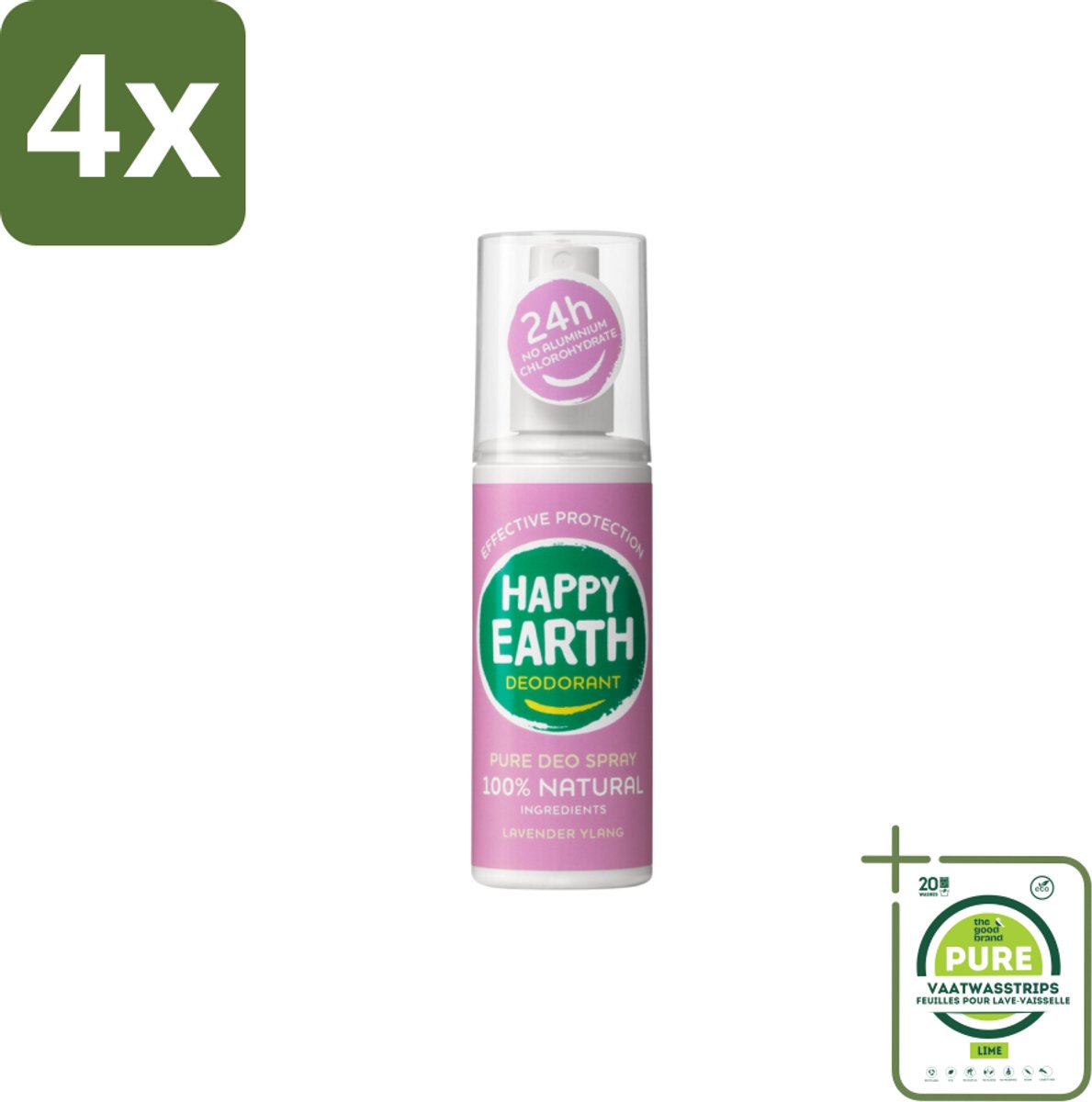 Happy Earth – Deodorant Spray – 100% Natuurlijk Lavender Ylang – 100 ml - Voordeelverpakking - 4 stuks - Deodorant spray - Natuurlijke deodorant