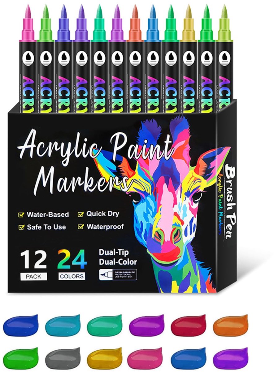 IMPERATORIS® Acrylstiften & Acrylmarkers Set - DIY Acrylverf Kit - Kleuren op Nummer voor Volwassenen - Pen & Marker Penselen Kit - 12 Stuks