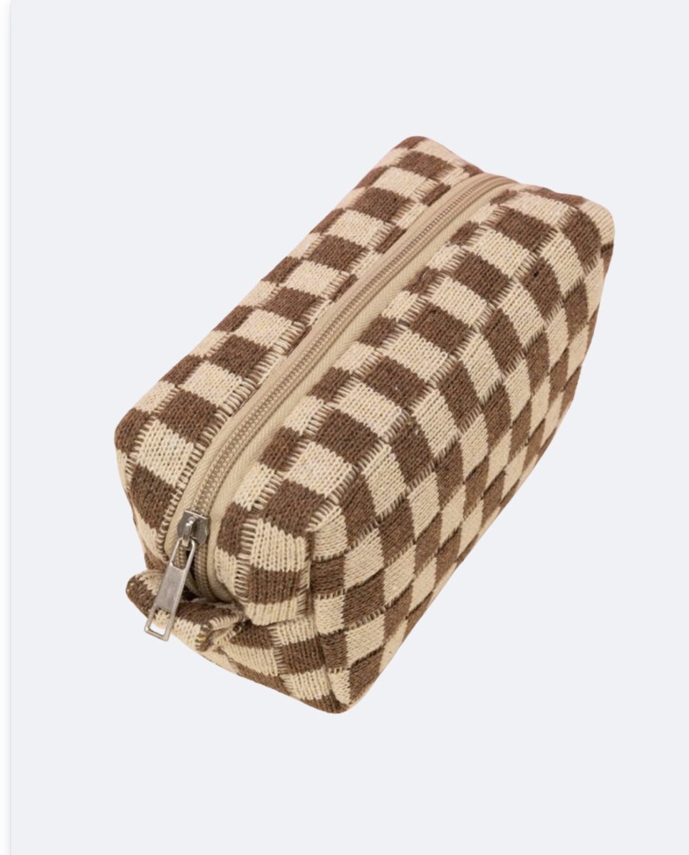 Toilettas - tasje - tasje met rits - make up tasje - bruin met wit geblokt - schoen cadeautje