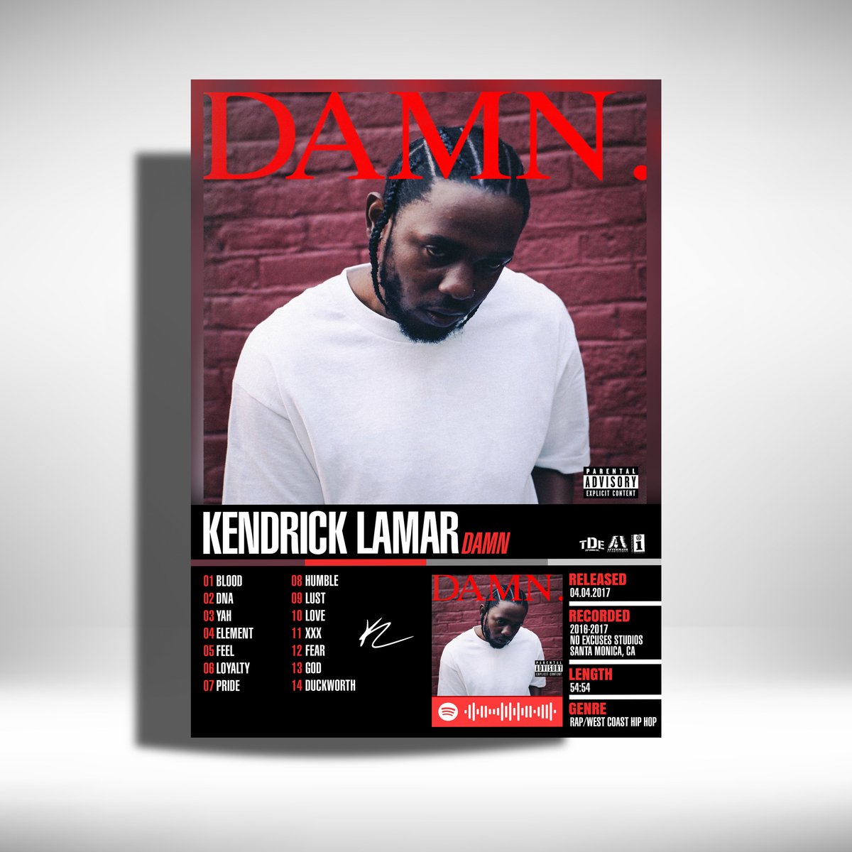 Kendrick Lamar - Damn - album cover - metalen poster - 30x40cm