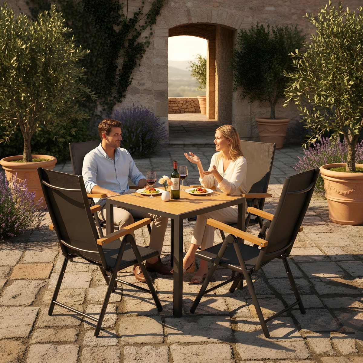 Aluminium Tuinmeubelset 5-Delig met Inklapbare Hoge Rugstoelen & WPC Tafel – Weerbestendig Balkonset – 75x75x72 cm – Teakbruin/Zwart – Altameubel